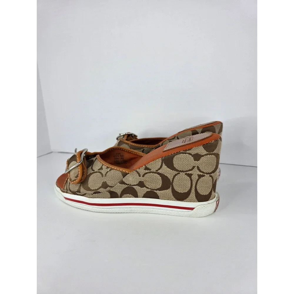 Coach Alyssa Wedge Sandals Womens 8.5 B Brown Canvas Monogram Buckle C Logo